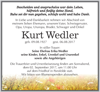 Traueranzeige von Kurt Wedler von Mitteldeutsche Zeitung Quedlinburg