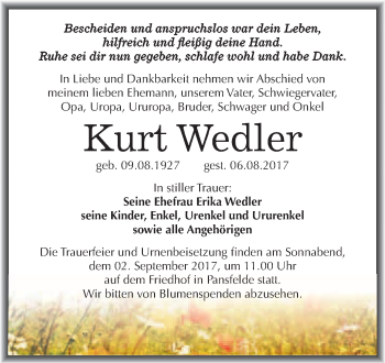Traueranzeige von Kurt Wedler von WVG - Wochenspiegel Quedlinburg
