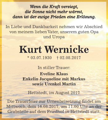 Traueranzeige von Kurt Wernicke von Super Sonntag SGH Mansf. Land