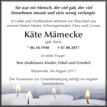 Traueranzeige von Käte Mämecke von Wochenspiegel Mansfelder Land