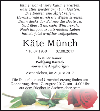 Traueranzeige von Käte Münch von Super Sonntag Aschersleben