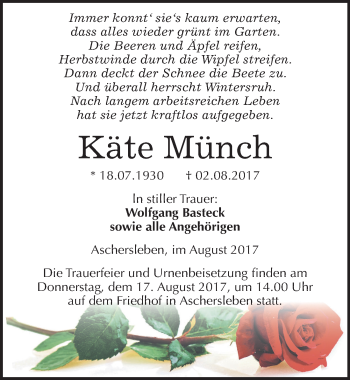 Traueranzeige von Käte Münch von Mitteldeutsche Zeitung Aschersleben