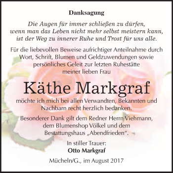 Traueranzeige von Käthe Markgraf von WVG - Wochenspiegel Merseburg