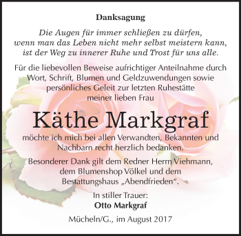 Traueranzeige von Käthe Markgraf von Mitteldeutsche Zeitung Merseburg/Querfurt