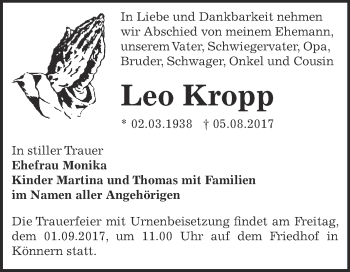 Traueranzeige von Leo Kropp von Super Sonntag Bernburg