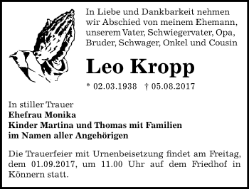 Traueranzeige von Leo Kropp von Mitteldeutsche Zeitung Bernburg
