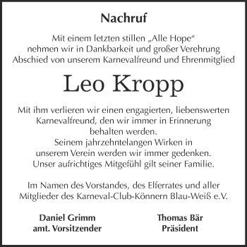 Traueranzeige von Leo Kropp von Super Sonntag Bernburg