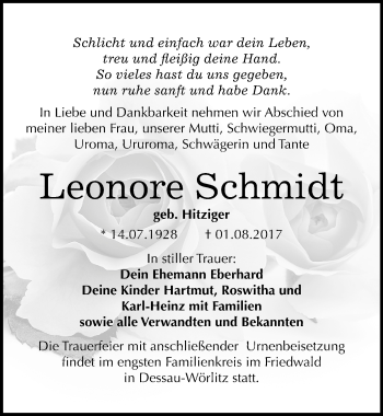 Traueranzeige von Leonore Schmidt von Mitteldeutsche Zeitung Bitterfeld