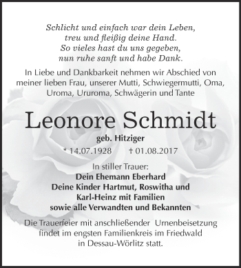 Traueranzeige von Leonore Schmidt von WVG - Wochenspiegel Bitterfeld