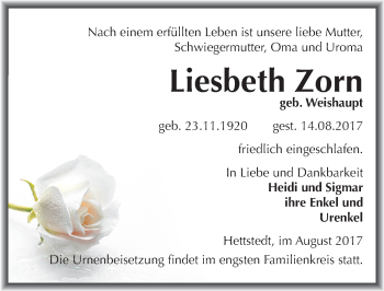 Traueranzeige von Liesbeth Zorn von Mitteldeutsche Zeitung Mansfelder Land