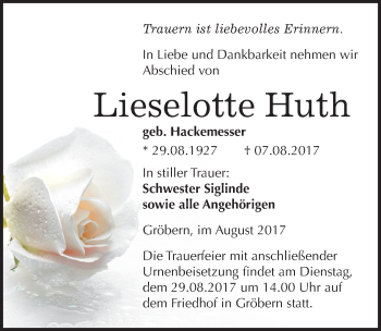 Traueranzeige von Lieselotte Huth von Mitteldeutsche Zeitung Bitterfeld