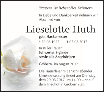 Traueranzeige von Lieselotte Huth von WVG - Wochenspiegel Bitterfeld