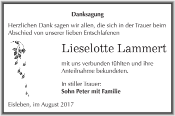 Traueranzeige von Lieselotte Lammert von Wochenspiegel Mansfelder Land