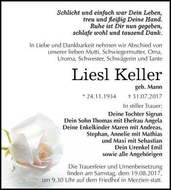 Traueranzeige von Liesl Keller von WVG - Wochenspiegel Dessau / Köthen