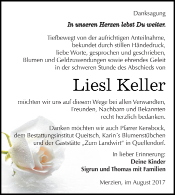 Traueranzeige von Liesl Keller von WVG - Wochenspiegel Dessau / Köthen