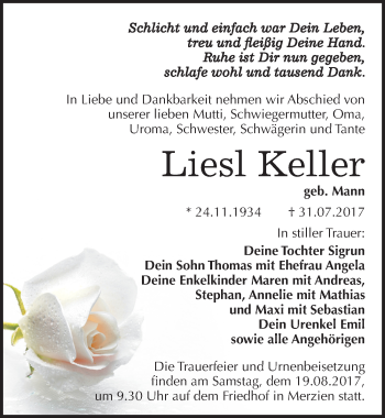 Traueranzeige von Liesl Keller von Mitteldeutsche Zeitung Köthen