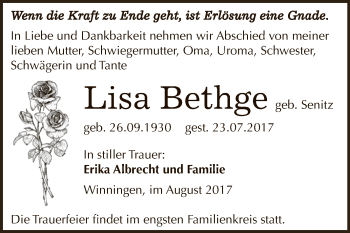 Traueranzeige von Lisa Bethge von Super Sonntag Aschersleben