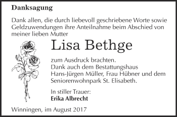 Traueranzeige von Lisa Bethge von Super Sonntag Aschersleben