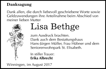 Traueranzeige von Lisa Bethge von Mitteldeutsche Zeitung Aschersleben