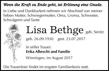 Traueranzeige von Lisa Bethge von Mitteldeutsche Zeitung Aschersleben