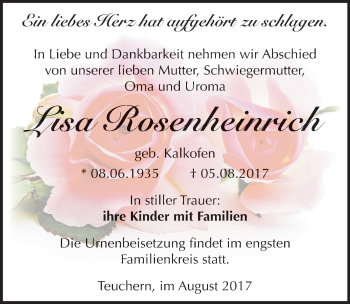 Traueranzeige von Lisa Rosenheinrich von Mitteldeutsche Zeitung Weißenfels