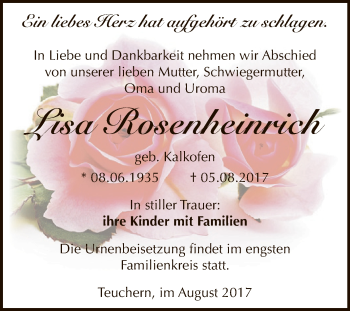 Traueranzeige von Lisa Rosenheinrich von WVG - Wochenspiegel NMB / WSF / ZTZ