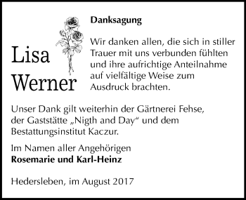 Traueranzeige von Lisa Werner von Mitteldeutsche Zeitung Quedlinburg