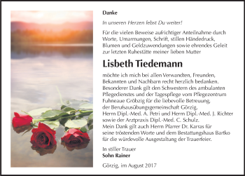 Traueranzeige von Lisbeth Tiedemann von Mitteldeutsche Zeitung Köthen