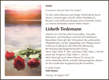 Traueranzeige von Lisbeth Tiedemann von WVG - Wochenspiegel Dessau / Köthen