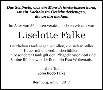 Traueranzeige von Liselotte Falke von Mitteldeutsche Zeitung Bernburg