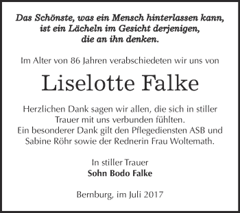 Traueranzeige von Liselotte Falke von Super Sonntag Bernburg