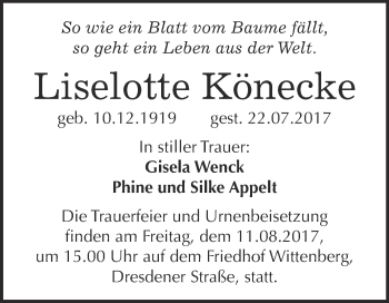 Traueranzeige von Liselotte Könecke von WVG - Wochenspiegel Wittenberg