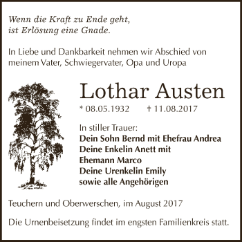 Traueranzeige von Lothar Austen von WVG - Wochenspiegel NMB / WSF / ZTZ