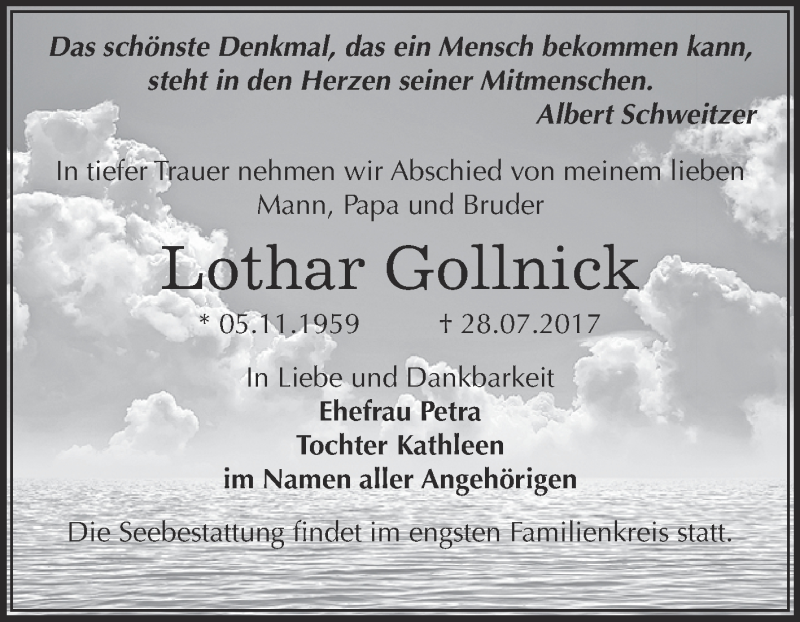  Traueranzeige für Lothar Gollnick vom 05.08.2017 aus Super Sonntag Bernburg