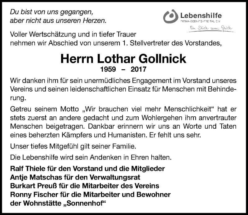  Traueranzeige für Lothar Gollnick vom 19.08.2017 aus Mitteldeutsche Zeitung Bernburg