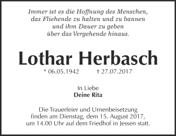 Traueranzeige von Lothar Herbasch von WVG - Wochenspiegel Wittenberg