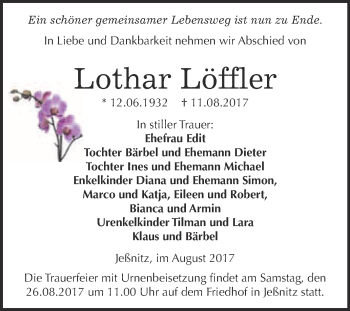 Traueranzeige von Lothar Löffler von WVG - Wochenspiegel Bitterfeld