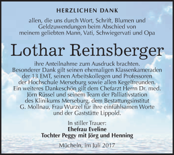 Traueranzeige von Lothar Reinsberger von WVG - Wochenspiegel Merseburg