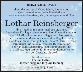 Traueranzeige von Lothar Reinsberger von Mitteldeutsche Zeitung Merseburg/Querfurt