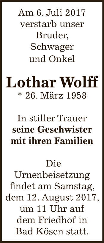Traueranzeige von Lothar Wolff von WVG - Wochenspiegel NMB / WSF / ZTZ