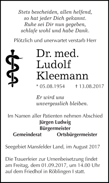 Traueranzeige von Ludolf Kleemann von Super Sonntag SGH Mansf. Land
