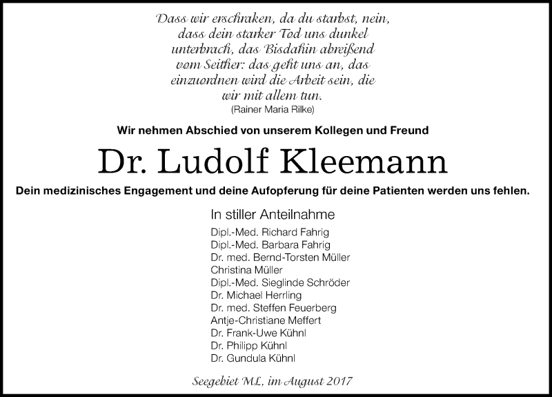  Traueranzeige für Ludolf Kleemann vom 18.08.2017 aus Mitteldeutsche Zeitung Mansfelder Land
