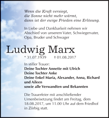 Traueranzeige von Ludwig Marx von Mitteldeutsche Zeitung Bitterfeld