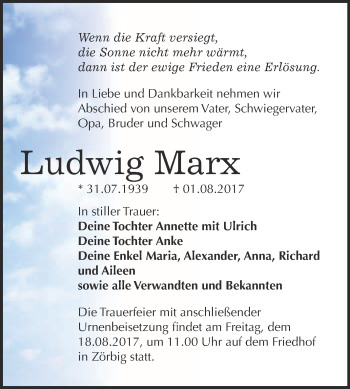 Traueranzeige von Ludwig Marx von WVG - Wochenspiegel Bitterfeld