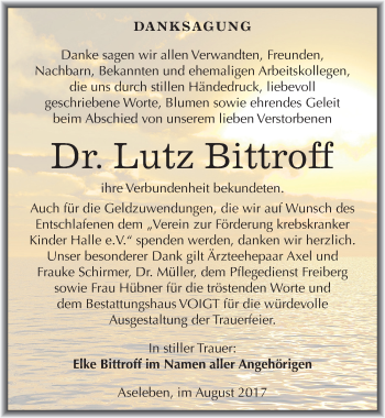 Traueranzeige von Lutz Bittroff von Mitteldeutsche Zeitung Mansfelder Land