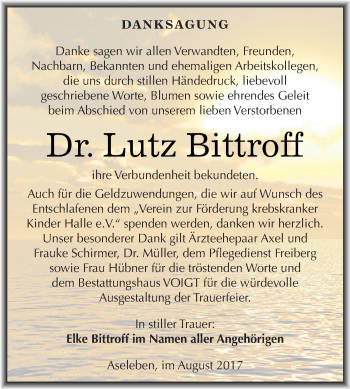 Traueranzeige von Lutz Bittroff von Super Sonntag SGH Mansf. Land