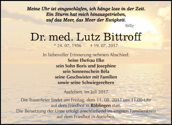 Traueranzeige von Lutz Bittroff von Wochenspiegel Mansfelder Land