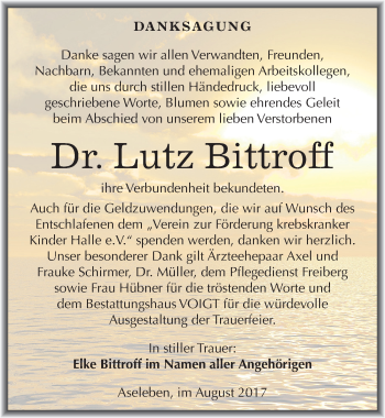 Traueranzeige von Lutz Bittroff von Mitteldeutsche Zeitung Halle/Saalkreis