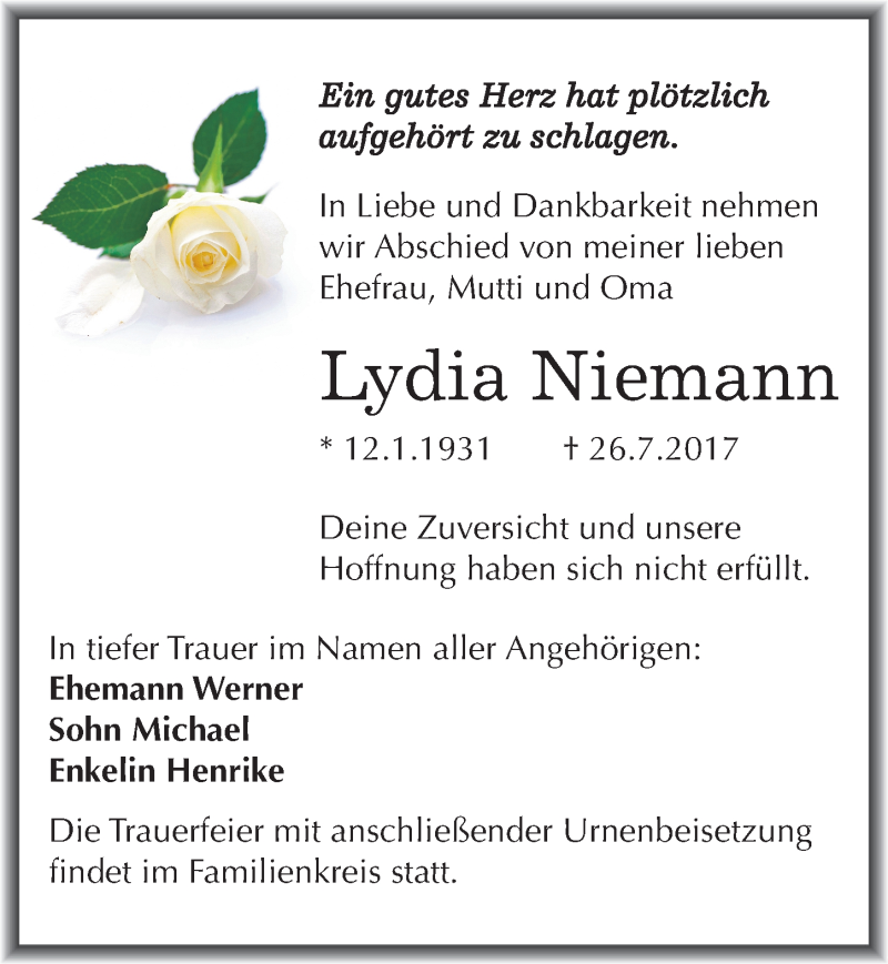  Traueranzeige für Lydia Niemann vom 05.08.2017 aus Mitteldeutsche Zeitung Halle/Saalkreis