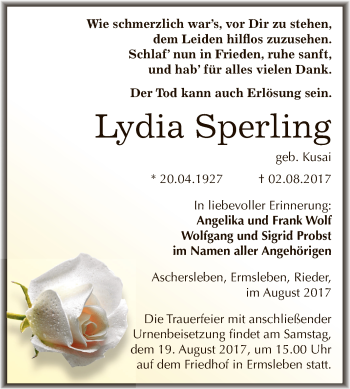 Traueranzeige von Lydia Sperling von Super Sonntag Aschersleben